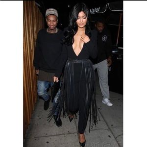 Long Fringe Belt Black Leather